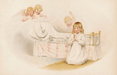 Dziewczyna modląca się przy swoim łóżku (chromolitho) autorstwa English School