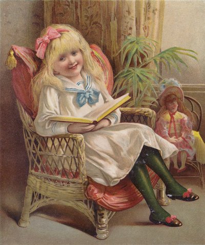 Dziewczyna czytająca na krześle (chromolitografia) autorstwa English School