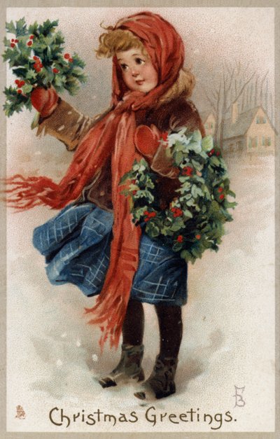 Dziewczyna sprzedająca wieńce ostrokrzewowe i bożonarodzeniowe (chromolitho) autorstwa English School