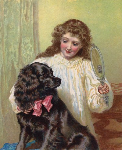 Dziewczyna pokazująca swojemu psu swoje odbicie w lustrze (chromolitho) autorstwa English School