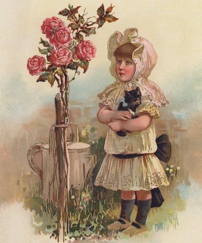 Dziewczynka z kotem i drzewem różanym (chromolitho) autorstwa English School
