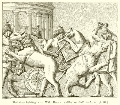 Gladiatorzy walczący z dzikimi bestiami. (Atlas du Bull. arch., iii. pl. 37) autorstwa English School