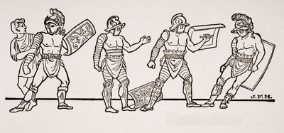 Gladiatorzy, z malowidła ściennego w Pompejach, ilustracja z Zarysu historii H.G. Wellsa, tom I, wydana w 1820 r. autorstwa English School