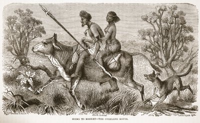 Idąc na targ- trasa lądowa, ilustracja z The Pictorial Edition of the Life and Discoveries of David Livingstone by J. Ewing Richie, wyd. przez A. Fullartona & Co., 1876 autorstwa English School
