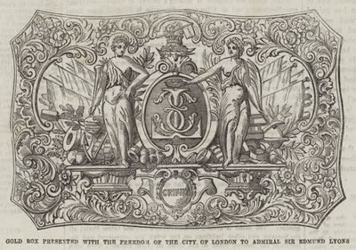 Złota skrzynia wręczona admirałowi Sir Edmundowi Lyonsowi wraz z Freedom of the City of London (rycina) autorstwa English School