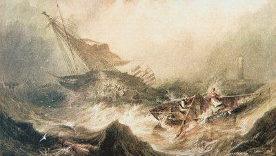 Grace Darling i jej ojciec wiosłują na ratunek Forfarshire rozbitemu u wybrzeży Northumberland, 7 września 1838 (akwarela na papierze) autorstwa English School