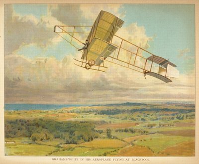 Grahame-White w swoim samolocie lecącym w Blackpool, z „Księgi statków powietrznych dla małych ludzi” autorstwa English School