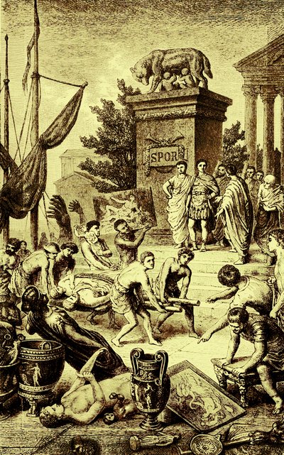 Kultura grecka - posągi i dzieła sztuki wywiezione do Rzymu, ilustracja z Ilustrowanej Historii Świata, wydanej ok. 1880 r. (obraz ulepszony cyfrowo) autorstwa English School