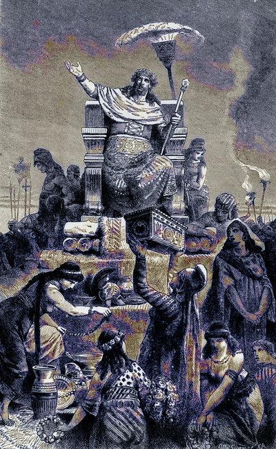 Grecka degeneracja - Krezus na stosie pogrzebowym, ilustracja z Ilustrowanej Historii Świata, wydanej ok. 1880 r. (obraz ulepszony cyfrowo) autorstwa English School