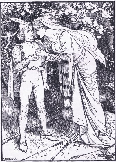Guenevere wysyła swoją stronę do Lancelota o pomoc, ilustracja z „Księgi romansów” opublikowanej przez Longmans Green and Co autorstwa English School