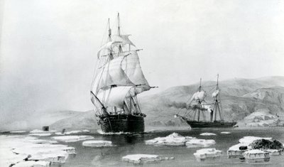 HMS Assistance i Pioneer wydostający się z kwater zimowych w 1854 roku (litografia) autorstwa English School