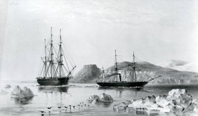 Pomoc HMS w Tow of Pioneer przechodzącej przez John Harrow Mount, North Wellington Channel w 1853 r. (litografia) autorstwa English School