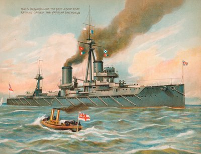 HMS Dreadnought, brytyjski pancernik, który zrewolucjonizował potęgę morską (chromolitho) autorstwa English School