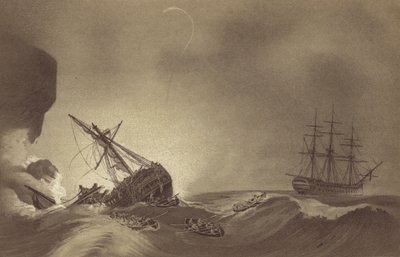 HMS Impetueux, dowodzony przez kapitana Thomasa Byama Martina, ratujący załogę HMS Venerable pod dowództwem kapitana J. Huntera, rozbity w Torbay, Devon, 24 listopada 1804 r. (litos) autorstwa English School