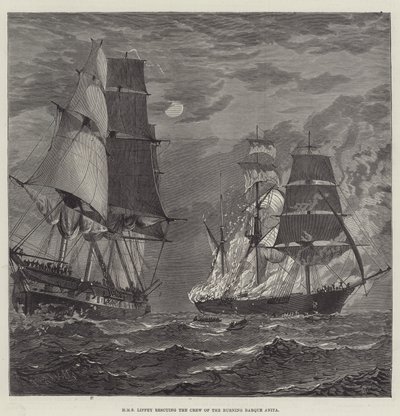 HMS Liffey ratujący załogę Płonącej Barki Anita (rycina) autorstwa English School