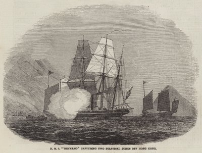 HMS „Reynard” rejestrujący dwie pirackie śmieci u wybrzeży Hongkongu (grawerowanie) autorstwa English School