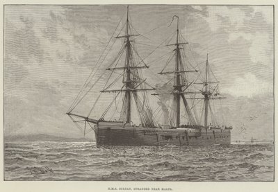 HMS Sultan, osierocony w pobliżu Malty (grawerowanie) autorstwa English School