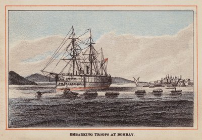 HM Indian Troop-Ship: Zaokrętowanie wojsk w Bombaju (kolorowy grawerunek) autorstwa English School