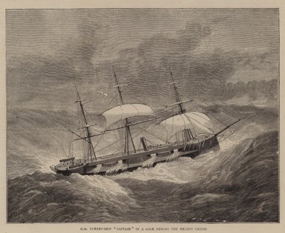 HM Turret-Ship „Kapitan” podczas wichury podczas niedawnego rejsu (rytowanie) autorstwa English School