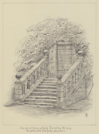 Haddon Hall, drzwi, z których uciekła Dorothy Vernon z Sir Johnem Mannersem (lito) autorstwa English School