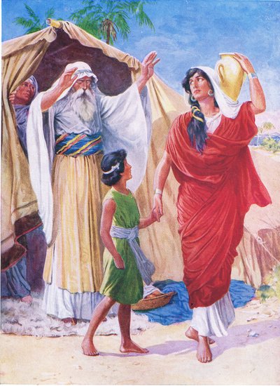Hagar i Izmael, z The Bible Picture Book, wydanej przez Thomas Nelson, ok. 1950 r. autorstwa English School