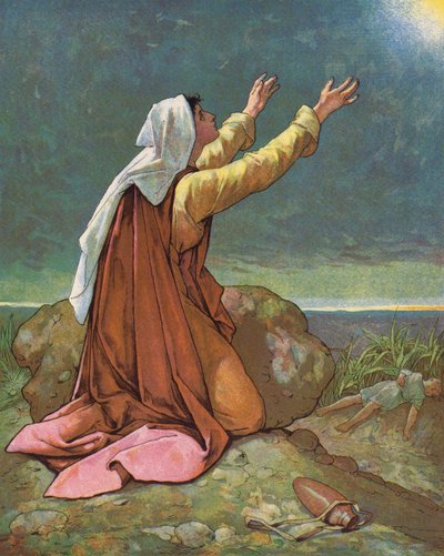 Hagar i Ismael na pustyni (kolorowa litografia) autorstwa English School