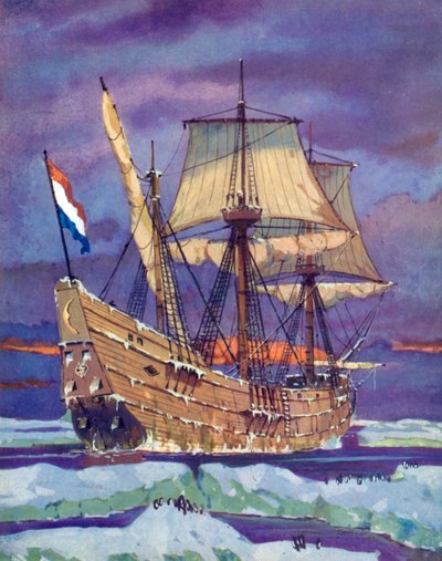 Halve Maen lub Half Moon, Henry Hudson (kolor lito) autorstwa English School