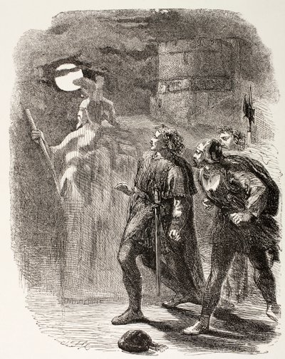 Hamlet, Horatio i Marcellus widzą Ducha, z „The Illustrated Library Shakespeare”, opublikowanej w Londynie 1890 autorstwa English School