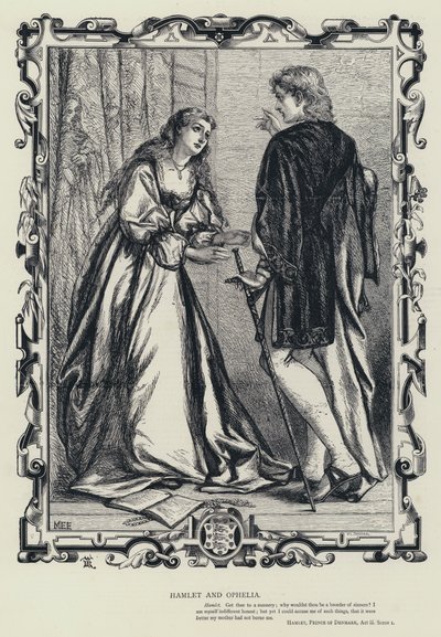 Hamlet i Ofelia, Hamlet, książę Danii, akt III, scena 1 (rycina) autorstwa English School