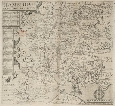 Hampshire, dawniej część Belgów. J. Norden opisany W. Hole sculp., z „Britannia” Camdena. Wydanie szóste. fol. 187 (grawerowanie) autorstwa English School