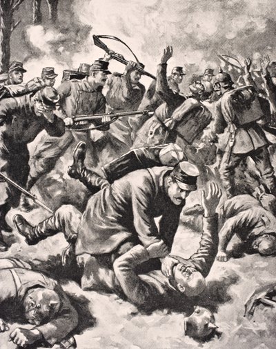 Walka wręcz między żołnierzami niemieckimi i zachodnimi, z „The War Illustrated deLuxe”, wydanej w Londynie, 1916 autorstwa English School