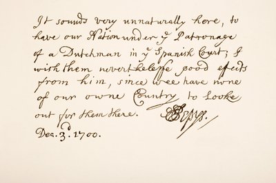 Pismo i podpis Samuela Pepysa, 1700 autorstwa English School
