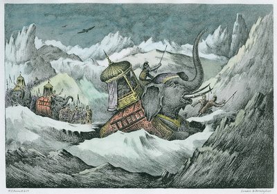 Hannibal (247-c.183 pne) i jego słonie bojowe przemierzające Alpy (późniejsze ubarwienie) autorstwa English School