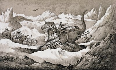 Hannibal (247-c.183 pne) i jego słonie bojowe przekraczające Alpy autorstwa English School