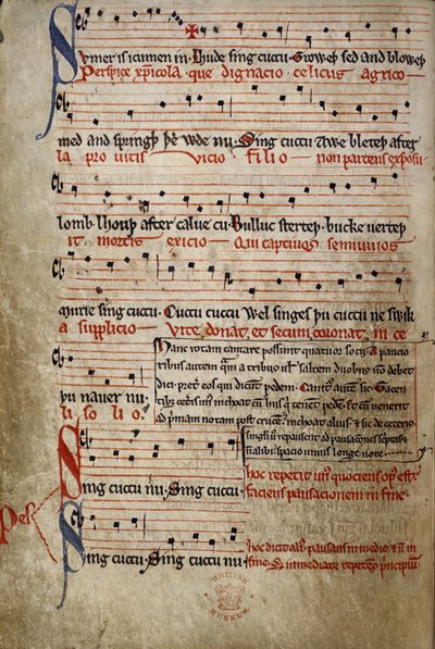 Harl 978 fol.11v Sumer is icumen in, z Letniego Kanonu (Reading Rota) (welum) autorstwa English School