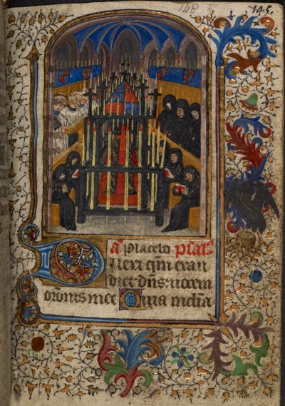 Harley 1251, fol.148 Nabożeństwo pogrzebowe z trumną nakrytą ramionami Jana, księcia Bedford, z „Godzin Eleanor Worcester”, ok. 1430-40 (welum) autorstwa English School