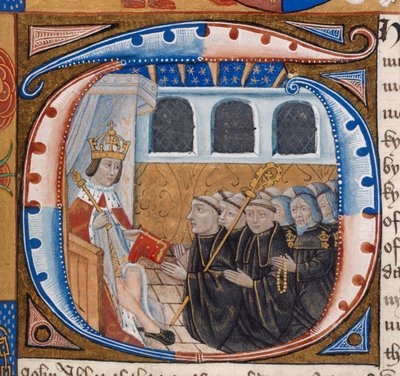 Harley 1498, f.59 Historyczny inicjał przedstawiający króla Henryka VII otrzymującego księgę, ilustracja z 