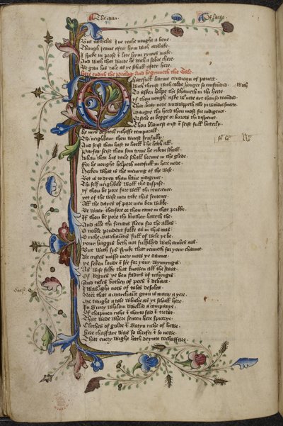 Harley 1758, f.56v Bar obramowanie i inicjał „O” (nienawistny) z początku Man of Law