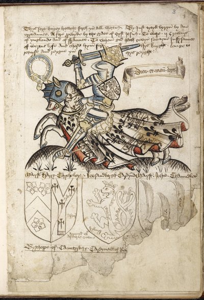 Harley 2169 fa. 3 Henryk VI na koniu, herby w czasach Henryka VI (welum) autorstwa English School