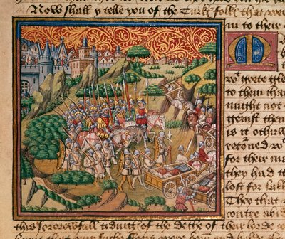 Harley 326 fol.90 Klęska Turków, z „Synowie Trzech Króli”, ok. 1500 (welum) autorstwa English School