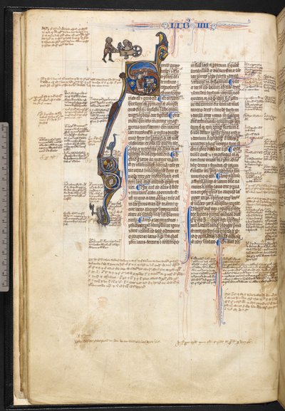 Harley 3487, f.22v Historyczny inicjał „S” z mężczyzną czytającym książkę i wskazującym na niebo, a na marginesie mężczyzną pchającym nagiego mężczyznę na wozie, z ptakiem, mężczyzną z siekierą i głowa smoka i człowieka w formie litery, na początku buu autorstwa English School