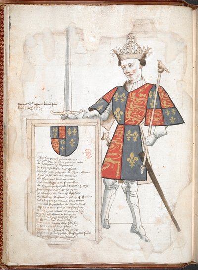 Harley 4205 f.7v Angielski król w zbroi i tabard (Henryk V) z „Księgi broni Sir Thomasa Holme