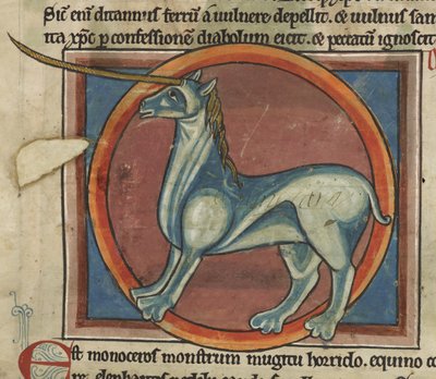 Harley 4751, f.15 Monoceros z dużym rogiem, z „Bestiariusza” autorstwa English School