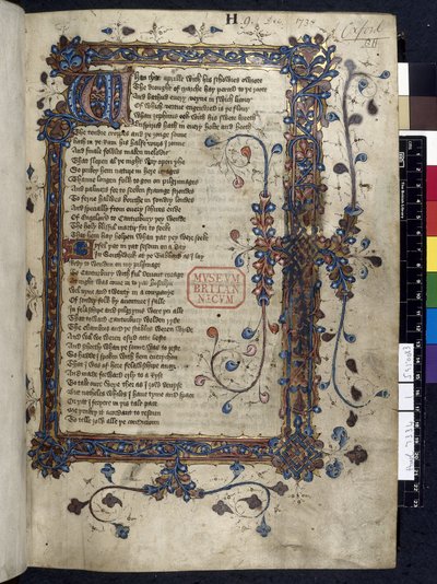 Harley 7334, f.1 iluminowany inicjał „W”, z „The Canterbury Tales”, Geoffrey Chaucer, ok. 1410 (atrament, kolor i złoto na welinie) autorstwa English School