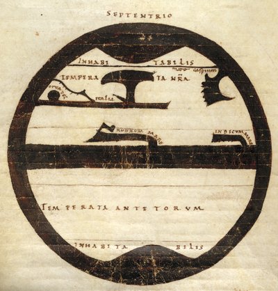 Harley MS 2772 fa. 70v, Diagrammatic Strefowa Mapa Świata, ok.1050 (tusz i tempera na pergaminie) autorstwa English School