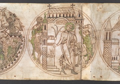 Harley Roll Y 6, Roundel 9, Roundel of St Guthlac (oznaczony jako „Guthlacus”) biczujący bestialskie demony, które najechały jego dom [um]”. z „Życia Guthlaca” ( autorstwa English School