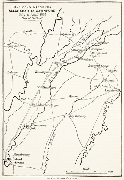 Havelocks Marsz z Allahabadu do Cawnpore, lipiec i sierpień 1857, z Cassells Illustrated History of England autorstwa English School