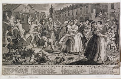On i jego pijani towarzysze wzniecają zamieszki w Covent Garden, 1735 autorstwa English School