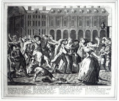 On i jego pijani towarzysze wzniecają zamieszki w Covent Garden, z pirackiego serialu opartego na „A Rake