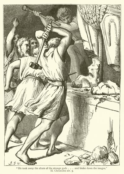 „Zabrał ołtarze dziwnym bogom… i zniszczył obrazy”, II, Kroniki, XIV, 3 (rycina) autorstwa English School